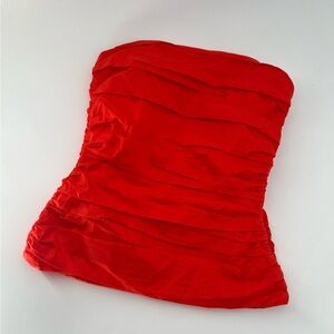 Anna Quan Effy Corset Structured Off Shoulder Ruched Top In Tomato Red